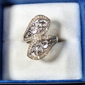 Polki and White Diamond bypass ring in Platinum over 925 Sterling 1.50ct